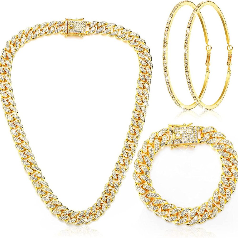 New Cuban Link Chain Necklace Bracelet Rhinestone Hoop Earrings Set - Picture 2 of 8